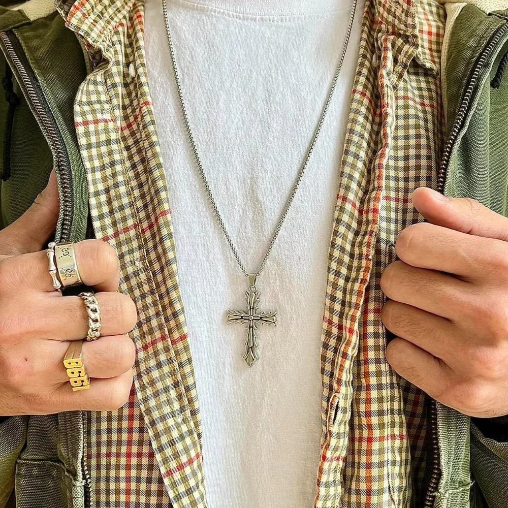 y2k grunge chrome silver cross pendant necklace